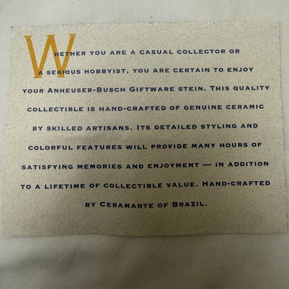 Vintage 1996 Budweiser St Patricks Day Ceramarte Beer Stein With Box & COA - Picture 12 of 12